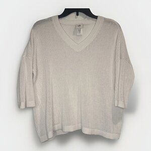 Cabi Womens White Breeze Pullover Cotton Linen Blend Open Knit V Neck Top Size S